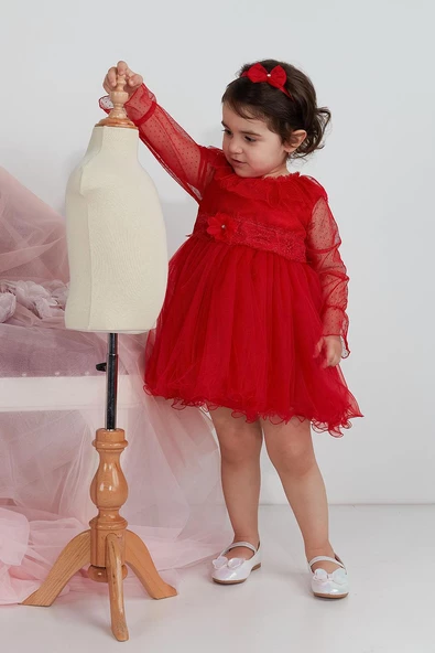 Minimony Uzun Kol Tül Yakalı Kız Bebek Çocuk Bayramlık Abiye Gelinlik Elbisesi 1003 - 2