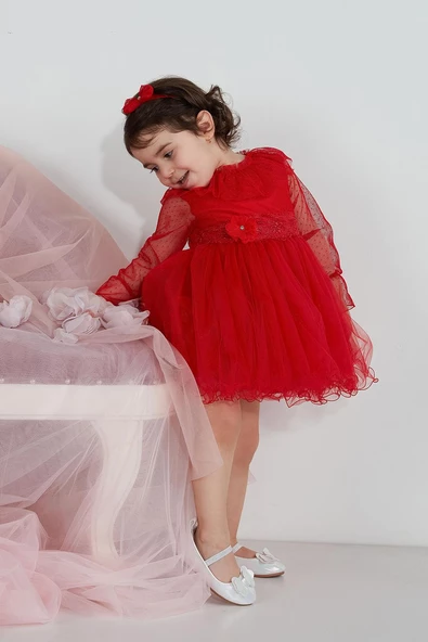 Minimony Uzun Kol Tül Yakalı Kız Bebek Çocuk Bayramlık Abiye Gelinlik Elbisesi 1003 - 3