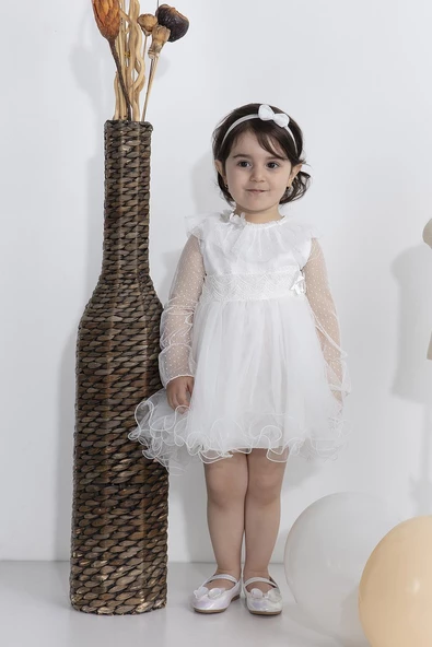 Minimony Uzun Kol Tül Yakalı Kız Bebek Çocuk Bayramlık Abiye Gelinlik Elbisesi 1003 - 5