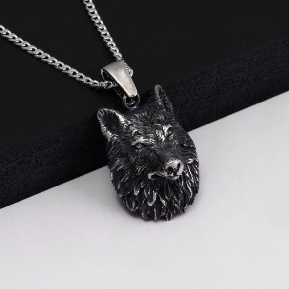 Gümüş Pazarım Kurt Kafası Gümüş Erkek Kolye