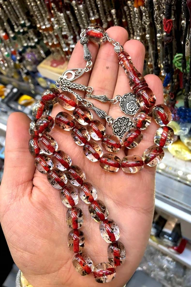 Kırmızı Renk Çay Fosili İri Taneli Toz Kehribar Tesbih - 2