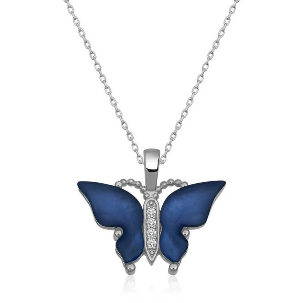 925 Ayar Gümüş Mavi Kaplangözü Taşlı Kelebek Kadın Gümüş Kolye