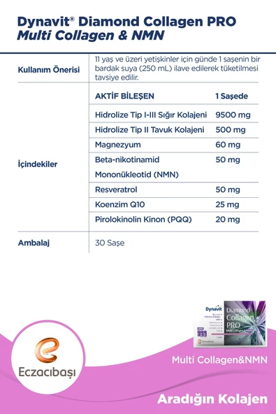 Dynavit Diamond Collagen PRO Tip I-II-III Hidrolize Multi Collagen&NMN Ananas Aromalı 30 Saşe - Resim 3