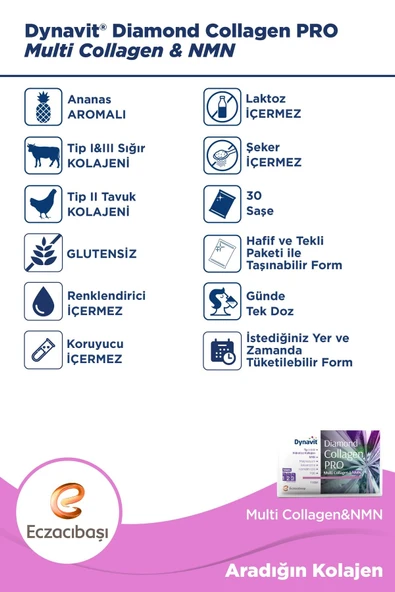 Dynavit Diamond Collagen PRO Tip I-II-III Hidrolize Multi Collagen&NMN Ananas Aromalı 30 Saşe - Resim 4