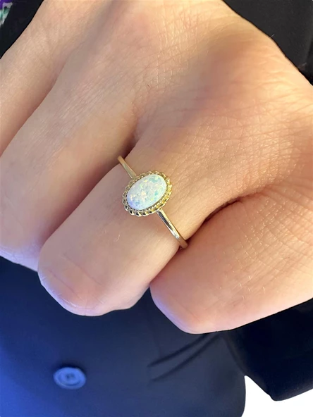 Minik Beyaz Opal Doğal Taş  Şans Taşı 14 Ayar Altın Yüzük - 3