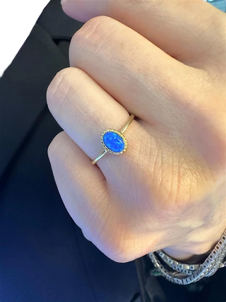 Minik Mavi Opal Doğal Taş  Şans Taşı 14 Ayar Altın Yüzük - 3