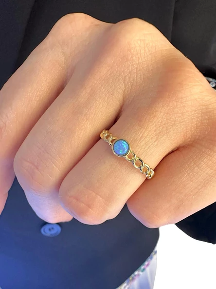 Minik Doğal Opal Taşlı Şans Taşı 14 Ayar Altın Yüzük - Resim 3