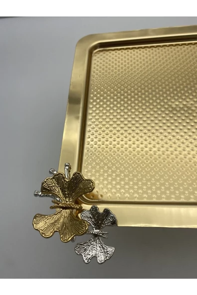 Ayaklı Kare Kelebekli Gold Kek, Kurabiye ve Pasta Sunum Tabağı, Servis Tepsisi - 5