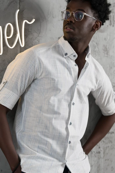 Advante İnce Çizgili Yaka Düğmeli Katlamalı Kol Pamuklu Slimfit Yazlık Keten Gömlek - Resim 2