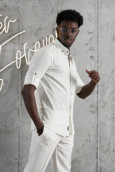 Advante İnce Çizgili Yaka Düğmeli Katlamalı Kol Pamuklu Slimfit Yazlık Keten Gömlek - Resim 7