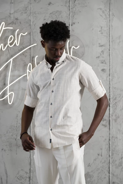 Advante İnce Çizgili Yaka Düğmeli Katlamalı Kol Pamuklu Slimfit Yazlık Keten Gömlek - Resim 12