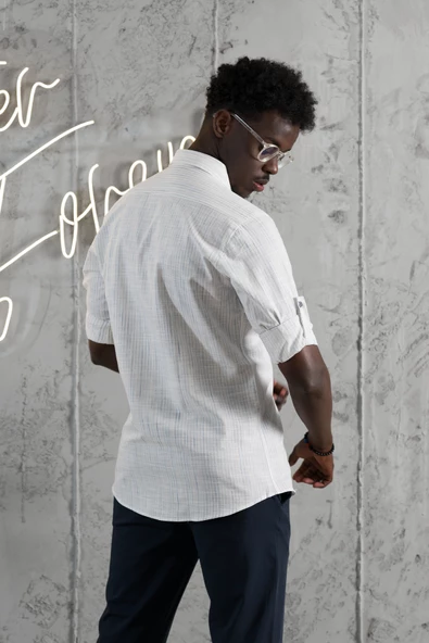 Advante İnce Çizgili Yaka Düğmeli Katlamalı Kol Pamuklu Slimfit Yazlık Keten Gömlek - Resim 5