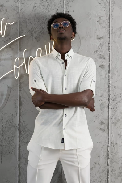 Advante İnce Çizgili Yaka Düğmeli Katlamalı Kol Pamuklu Slimfit Yazlık Keten Gömlek - Resim 8