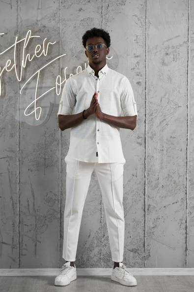 Advante İnce Çizgili Yaka Düğmeli Katlamalı Kol Pamuklu Slimfit Yazlık Keten Gömlek - Resim 6