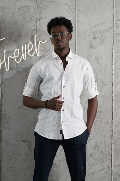 Advante İnce Çizgili Yaka Düğmeli Katlamalı Kol Pamuklu Slimfit Yazlık Keten Gömlek - Resim 3