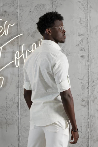 Advante İnce Çizgili Yaka Düğmeli Katlamalı Kol Pamuklu Slimfit Yazlık Keten Gömlek - Resim 11