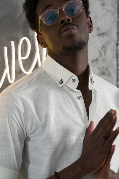 Advante İnce Çizgili Yaka Düğmeli Katlamalı Kol Pamuklu Slimfit Yazlık Keten Gömlek - Resim 9