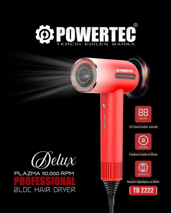 Powertec Tr-2222 Delux Plazma Digital Süpersonic Saç Kurutma Fön Makinesi