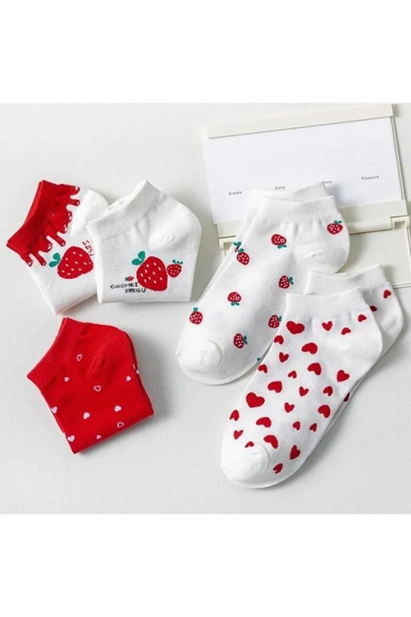 4 Çift Sevimli Çok Renkli Kalp, Çilek Desenli Kadın Patik beyaz Çorap - Resim 5