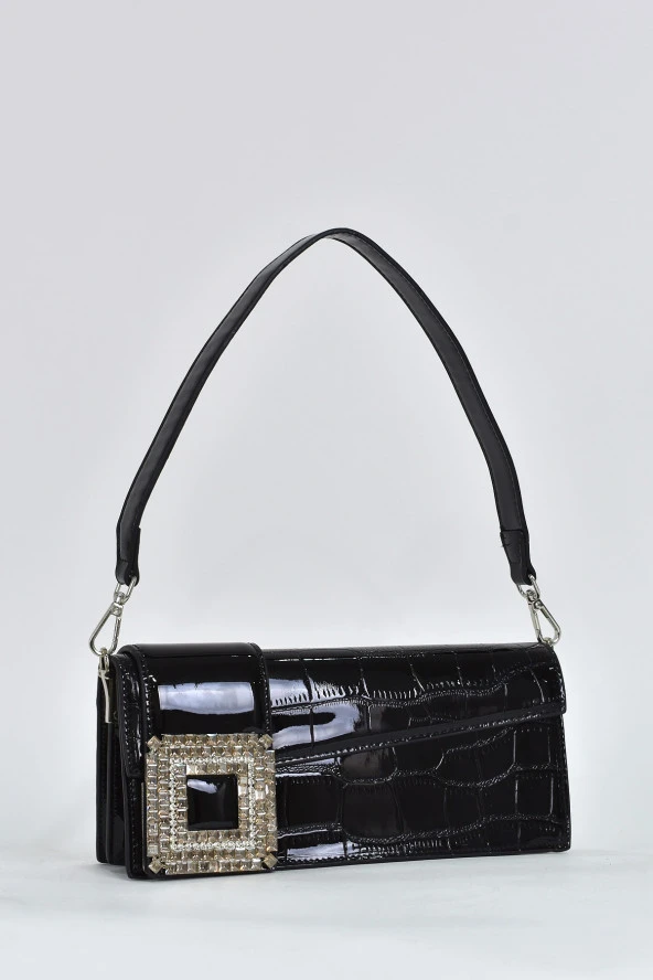 Elatae Kadın Omuz Askılı Kroko Desen Rugan Abiye Çanta Siyah 17342 - 2