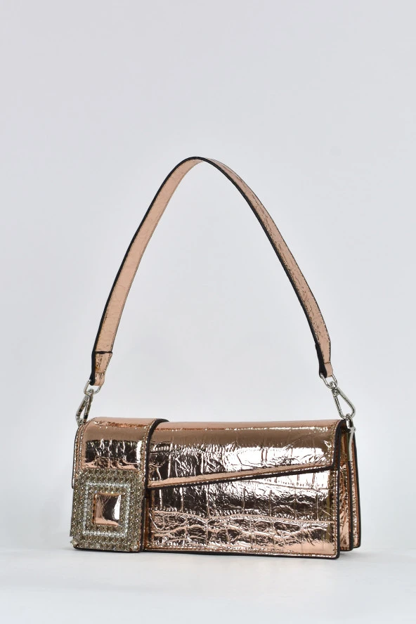 Elatae Kadın Omuz Askılı Kroko Desen Rugan Abiye Çanta Bronz 17342 - Resim 3