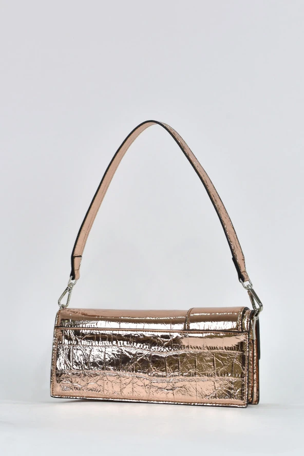 Elatae Kadın Omuz Askılı Kroko Desen Rugan Abiye Çanta Bronz 17342 - Resim 5