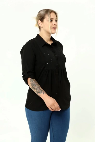 Büyük Beden Güpür Katlamalı Uzun Kol Gömlek Siyah LRWM22GML01 - 5