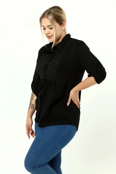 Büyük Beden Güpür Katlamalı Uzun Kol Gömlek Siyah LRWM22GML01 - 6