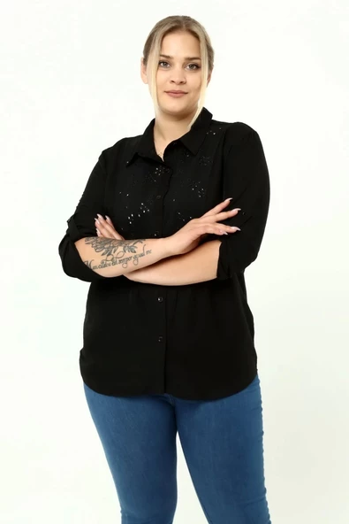 Büyük Beden Güpür Katlamalı Uzun Kol Gömlek Siyah LRWM22GML01 - 2