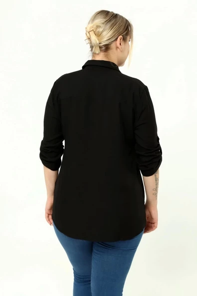 Büyük Beden Güpür Katlamalı Uzun Kol Gömlek Siyah LRWM22GML01 - 3