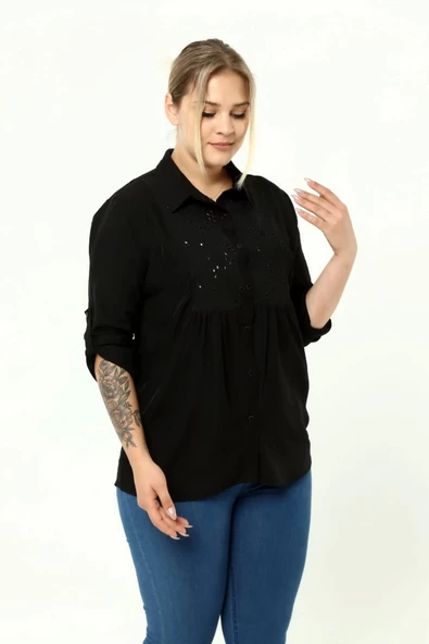 Büyük Beden Güpür Katlamalı Uzun Kol Gömlek Siyah LRWM22GML01 - 4