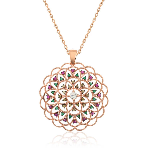 Lucky Life 925 Ayar Gumuss Rose Geometrik Desenli Madalyon Kolye