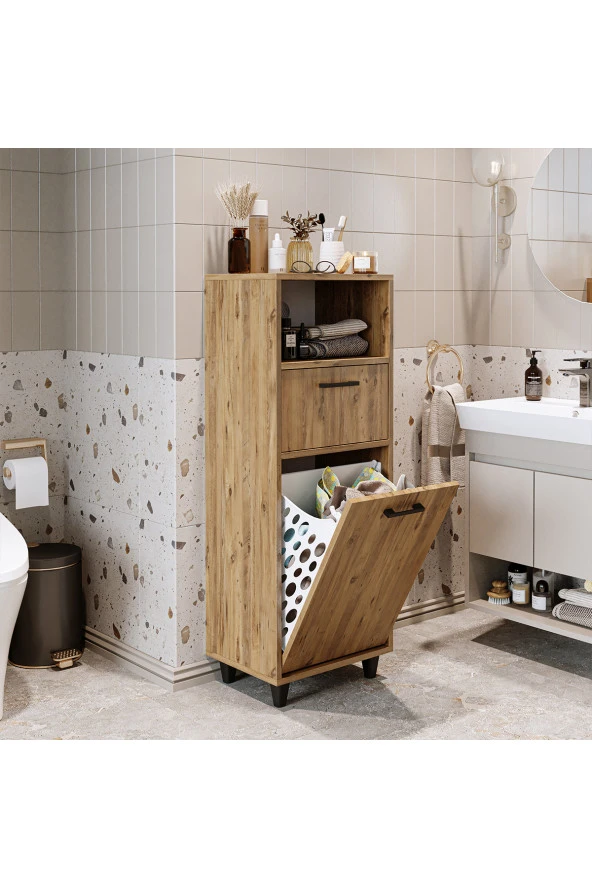 ROOMART Çamaşır Sepetli Banyo Dolabı, Çok Amaçlı Çekmeceli Dolap 45 cm