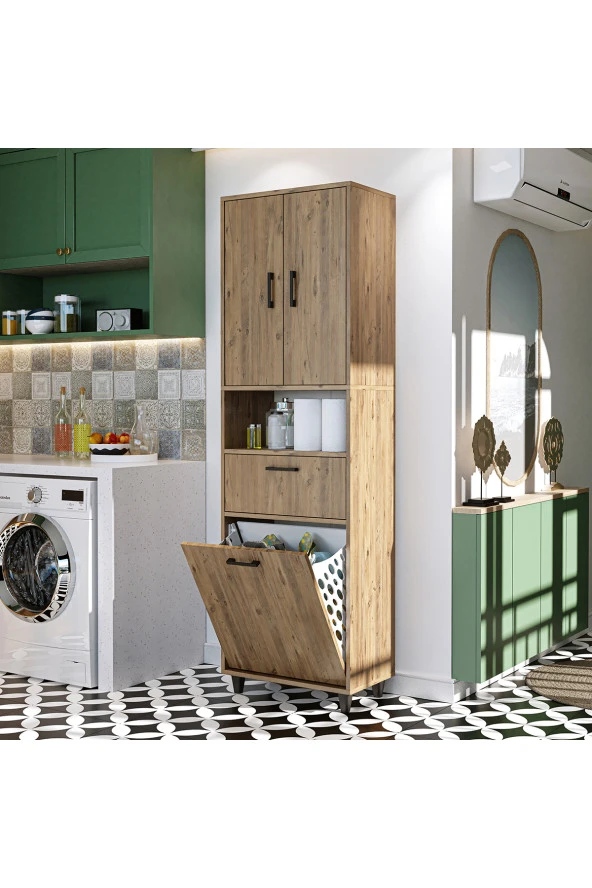 ROOMART Çamaşır Sepetli Banyo Dolabı, Çok Amaçlı Çekmeceli Dolap 60 x 200 cm