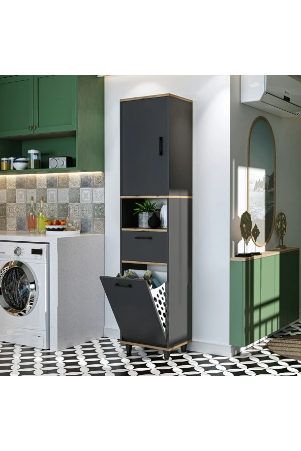 ROOMART Çamaşır Sepetli Banyo Dolabı, Çok Amaçlı Çekmeceli Dolap 45 x 200 cm
