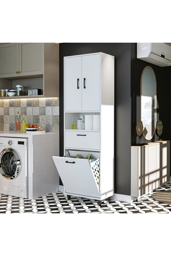 ROOMART Çamaşır Sepetli Banyo Dolabı, Çok Amaçlı Çekmeceli Dolap 60 x 200 cm