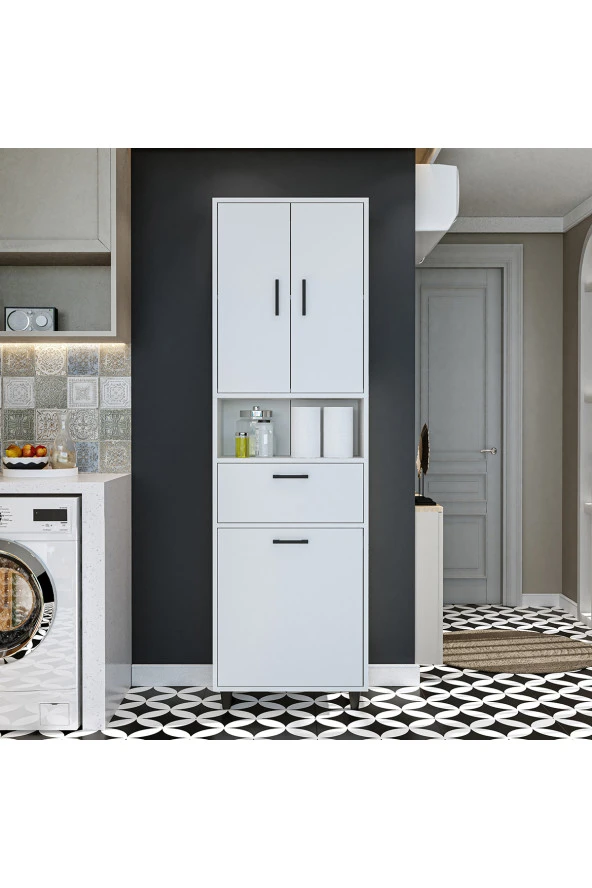 ROOMART Çamaşır Sepetli Banyo Dolabı, Çok Amaçlı Çekmeceli Dolap 60 x 200 cm - 2