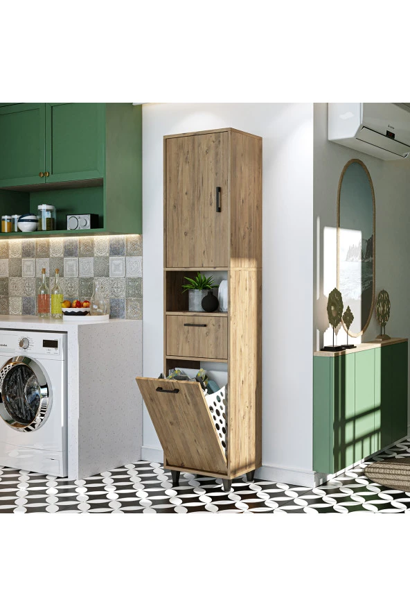 ROOMART Çamaşır Sepetli Banyo Dolabı, Çok Amaçlı Çekmeceli Dolap 45 x 200 cm