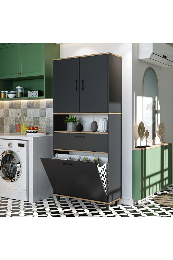 ROOMART Çamaşır Sepetli Banyo Dolabı, Çok Amaçlı Çekmeceli Dolap 90 x 200 cm