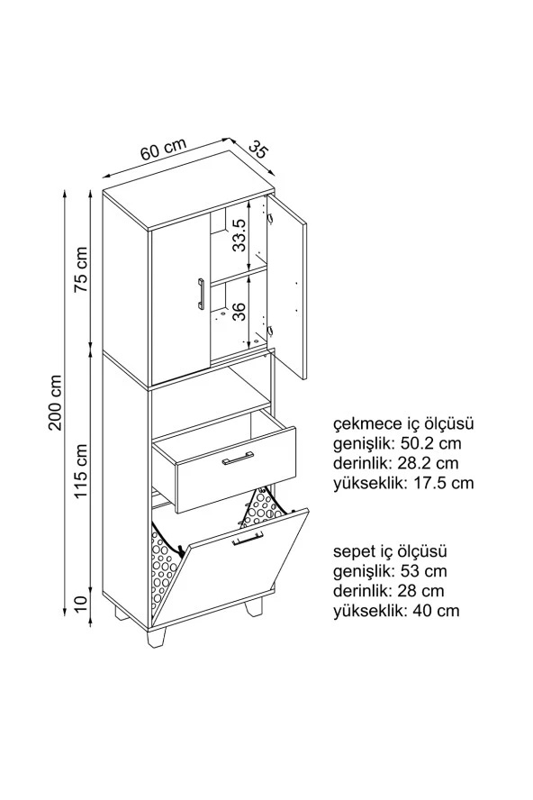 ROOMART Çamaşır Sepetli Banyo Dolabı, Çok Amaçlı Çekmeceli Dolap 60 x 200 cm - 2
