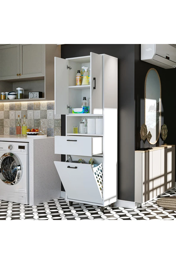 ROOMART Çamaşır Sepetli Banyo Dolabı, Çok Amaçlı Çekmeceli Dolap 60 x 200 cm - 5