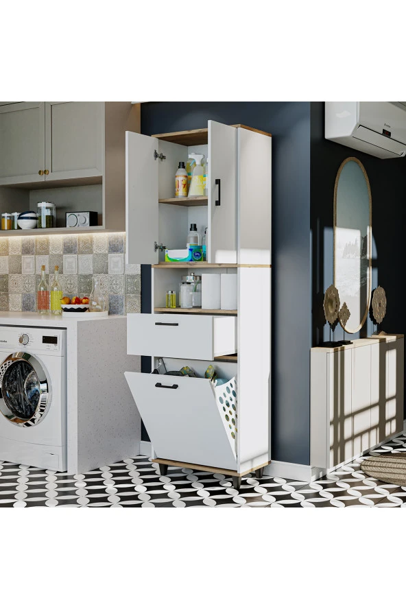 ROOMART Çamaşır Sepetli Banyo Dolabı, Çok Amaçlı Çekmeceli Dolap 60 x 200 cm - 3