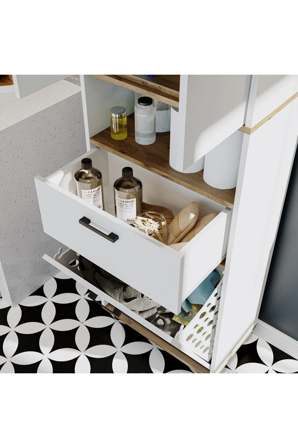 ROOMART Çamaşır Sepetli Banyo Dolabı, Çok Amaçlı Çekmeceli Dolap 60 x 200 cm - 5