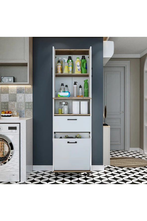 ROOMART Çamaşır Sepetli Banyo Dolabı, Çok Amaçlı Çekmeceli Dolap 60 x 200 cm - 6