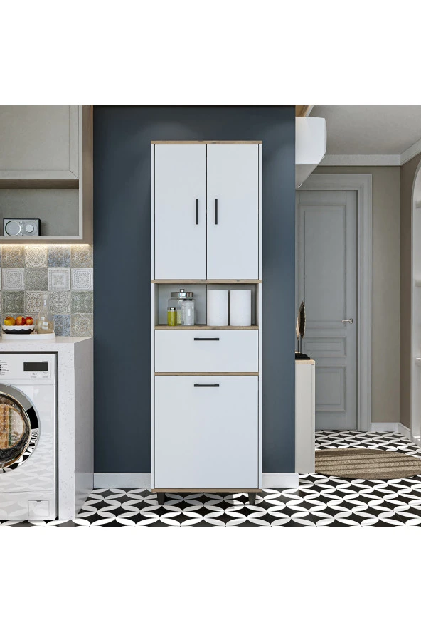 ROOMART Çamaşır Sepetli Banyo Dolabı, Çok Amaçlı Çekmeceli Dolap 60 x 200 cm - 7