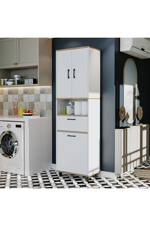 ROOMART Çamaşır Sepetli Banyo Dolabı, Çok Amaçlı Çekmeceli Dolap 60 x 200 cm - 8