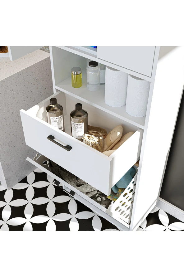 ROOMART Çamaşır Sepetli Banyo Dolabı, Çok Amaçlı Çekmeceli Dolap 60 x 200 cm - 7