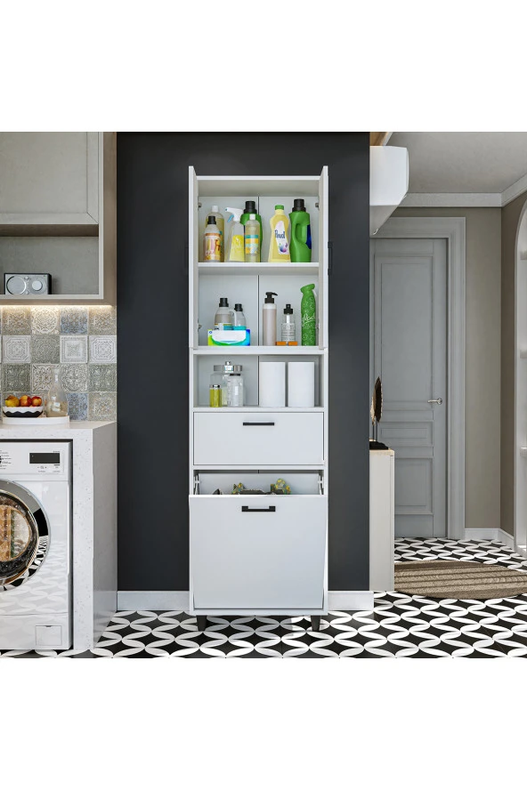 ROOMART Çamaşır Sepetli Banyo Dolabı, Çok Amaçlı Çekmeceli Dolap 60 x 200 cm - 8