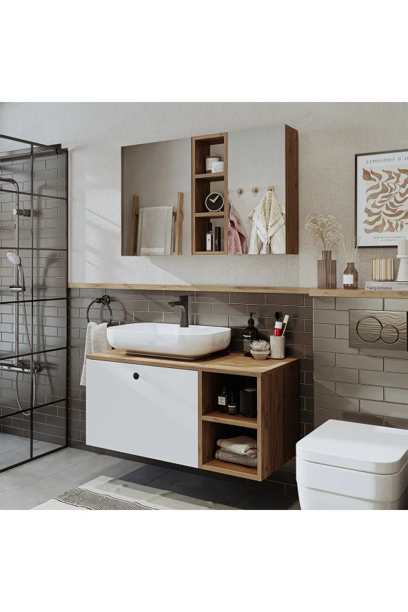 ROOMART Ayaksız Lavabolu Mdf 95 Cm Çekmeceli Lotus Oval Lavabolu Banyo Dolabı + Aynalı Üst Dolabı