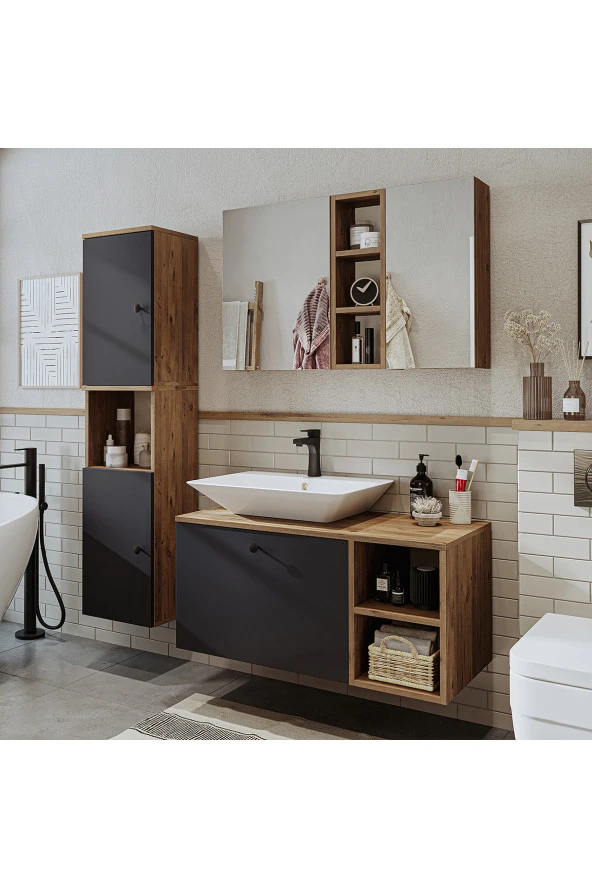 ROOMART Lavabolu Mdf 95 Cm Lotus Çekmeceli Banyo Dolabı + Aynalı Üst Dolabı + Banyo Boy Dolabı